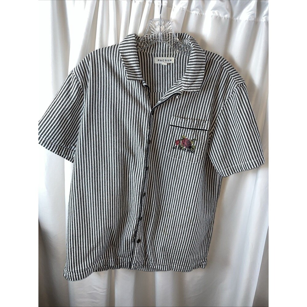 PacSun Unisex Murray Black White Striped PJ Camp Shirt Size M Boho Retro